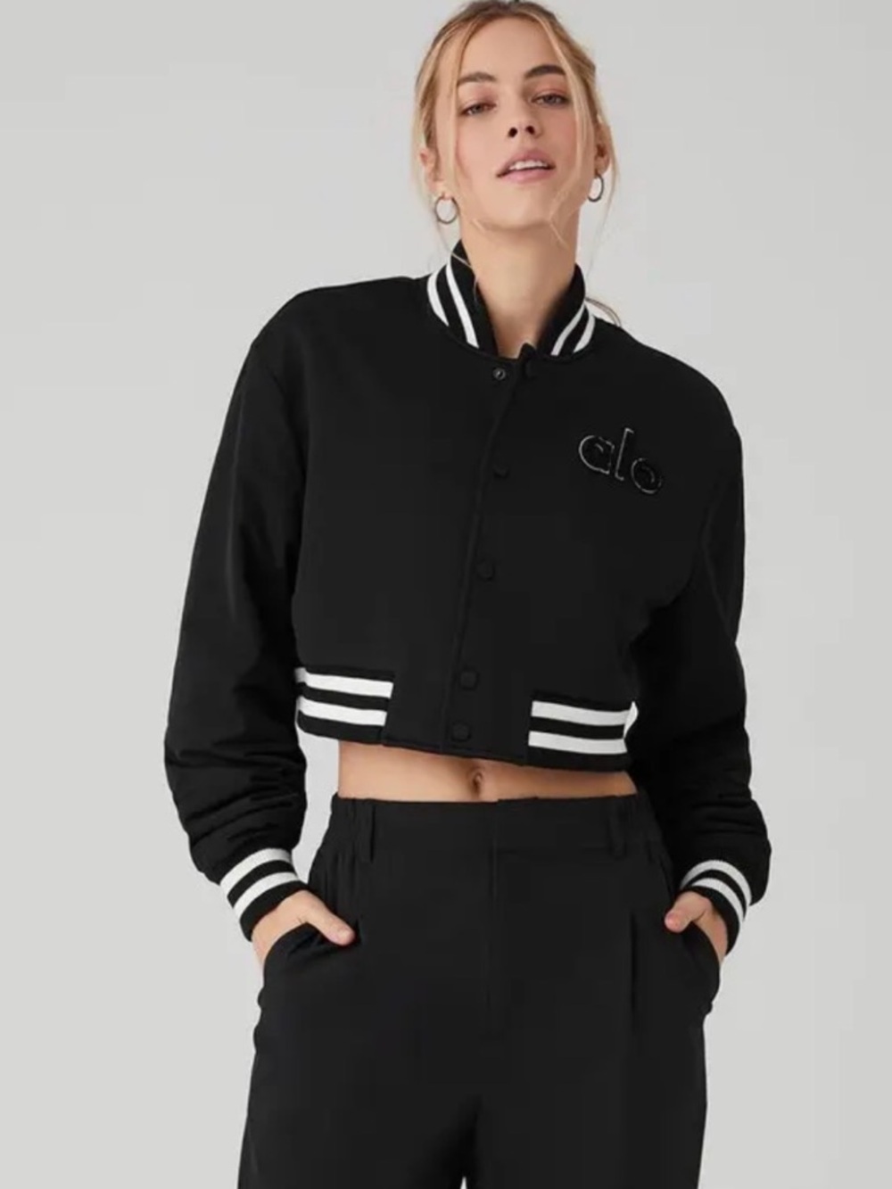 ALO Yoga Black Cropped Varsity Jacket with White Stripes